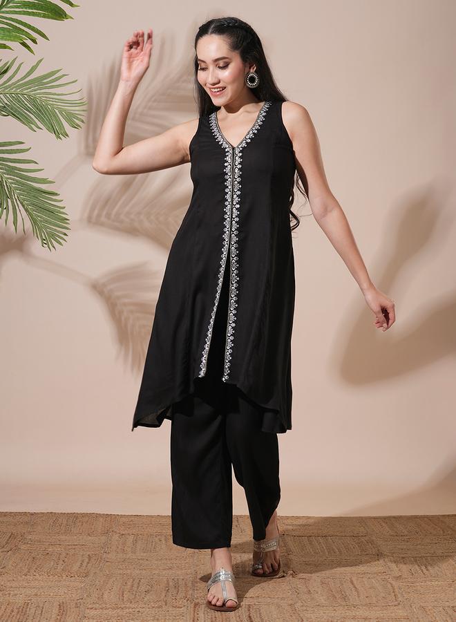 globus Women Black Embroidered Front Slits A-Line Kurta with Pant Set - Image 1