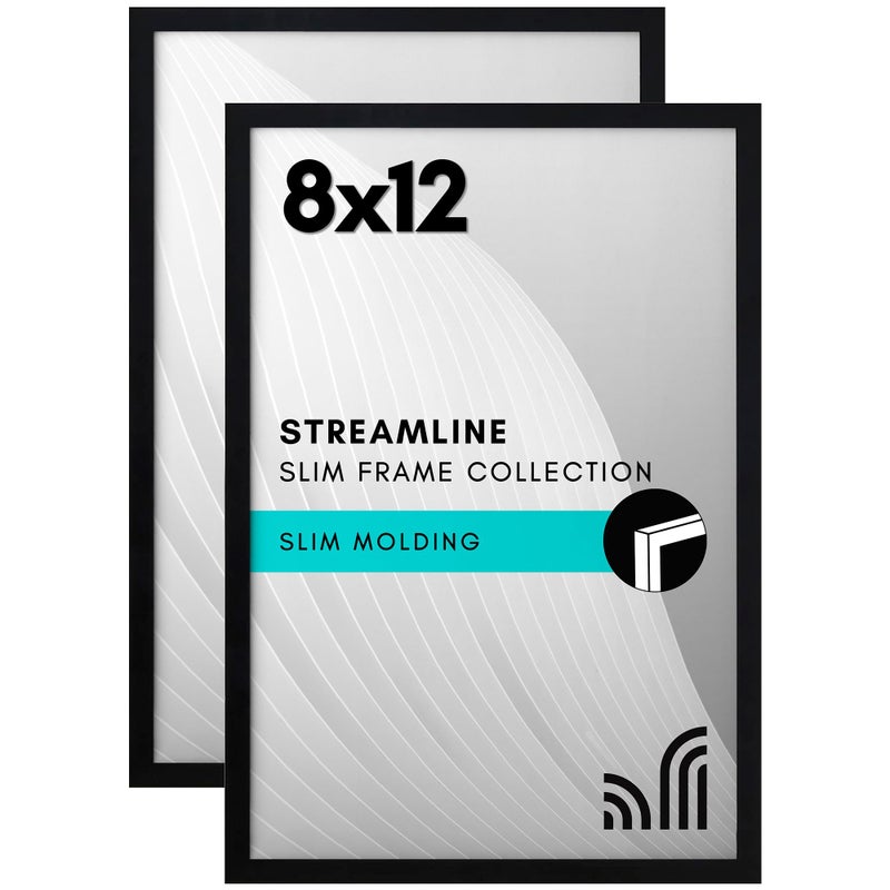 Americanflat 8x12 Picture Frame with ShatterResistant Glass  Set of 2  Streamline Collection  Thin Border Photo Frame for Tabletop and Wall  Hanging Hardware and Easel Stand Included  Black