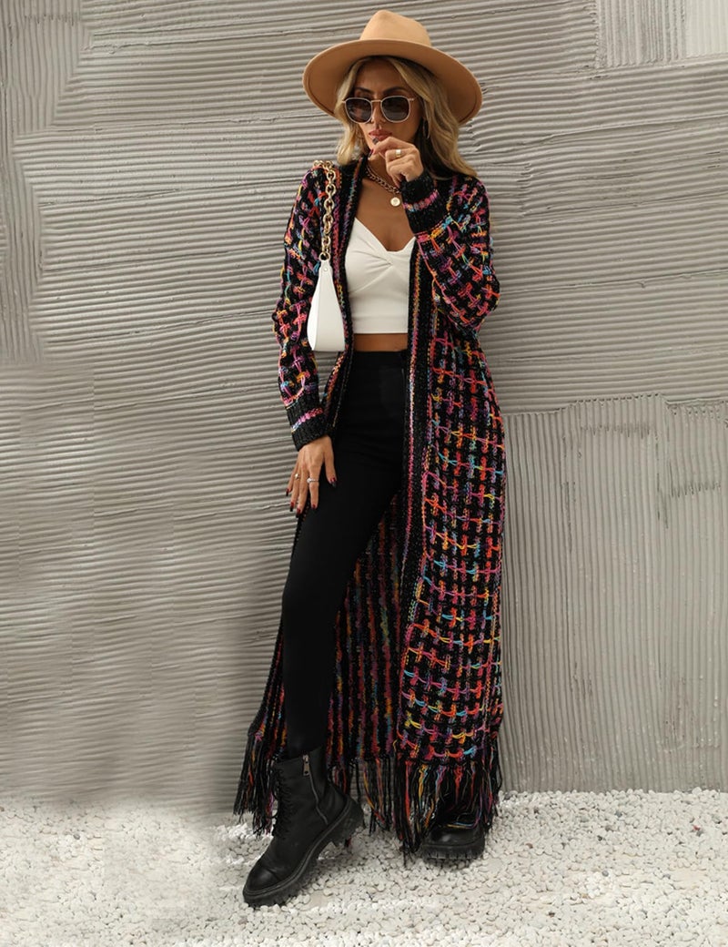 Perbai Womens Boho Cardigan Sweater Open Front Fringed Tassels Aztec Maxi Cardigan Jacket(Purple-S) - Image 2
