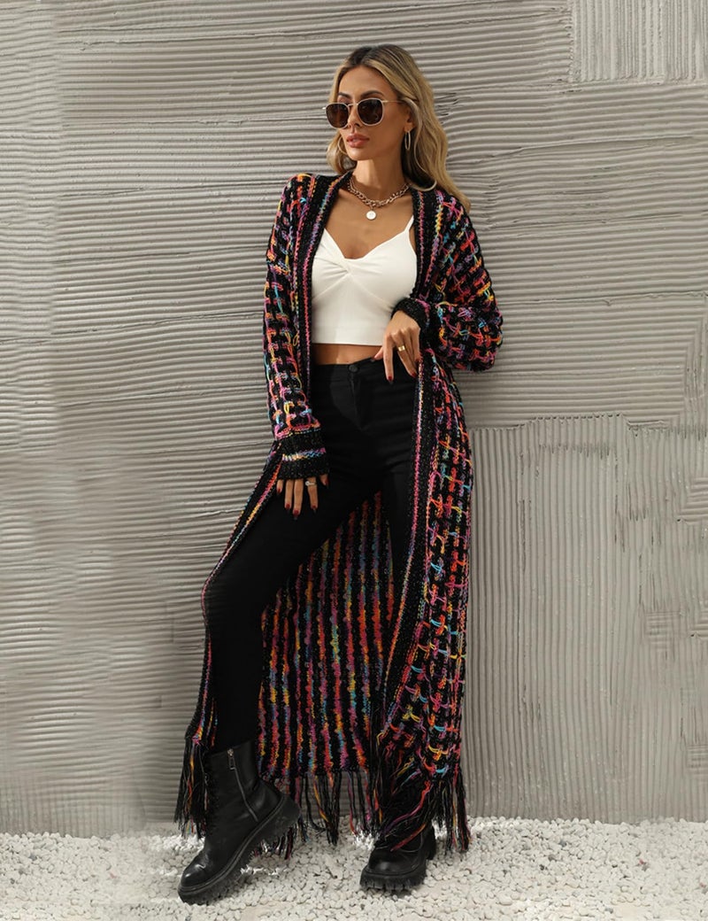 Perbai Womens Boho Cardigan Sweater Open Front Fringed Tassels Aztec Maxi Cardigan Jacket(Purple-S) - Image 3