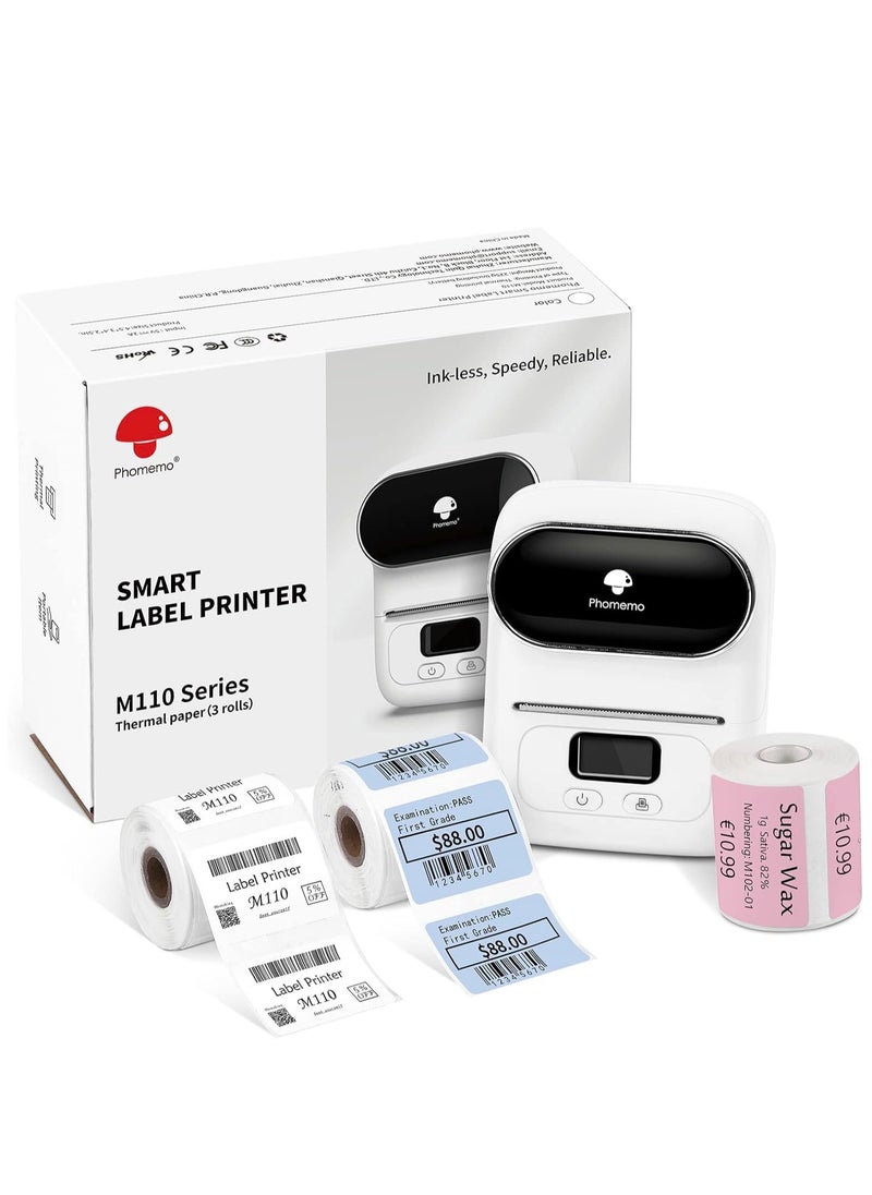 phomemo - Phomemo M110 Portable Bluetooth Thermal Mini Label Maker Machine, Sticker Maker, Barcode Printer for Clothing, Jewelry, Retail, Mailing, Compatible with Android & iOS System (White) - Image 1