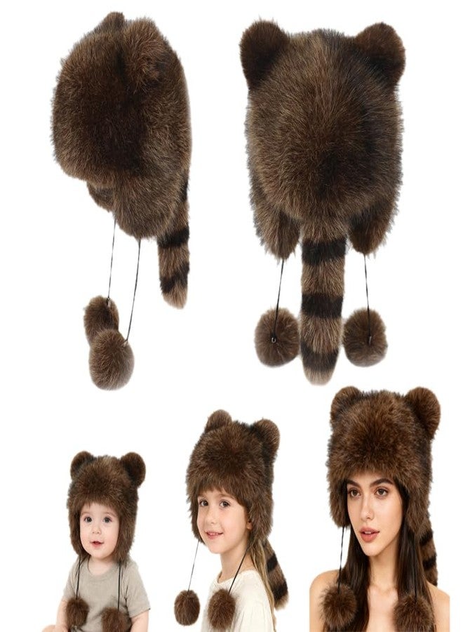 Adorable Artificial Fur Raccoon Tail Children's Plush hat, Cute and Adorable Raccoon Lady Winter Warm Ear Protection Boys' and Girls' Universal Plush Protective hat Brown - Image 1