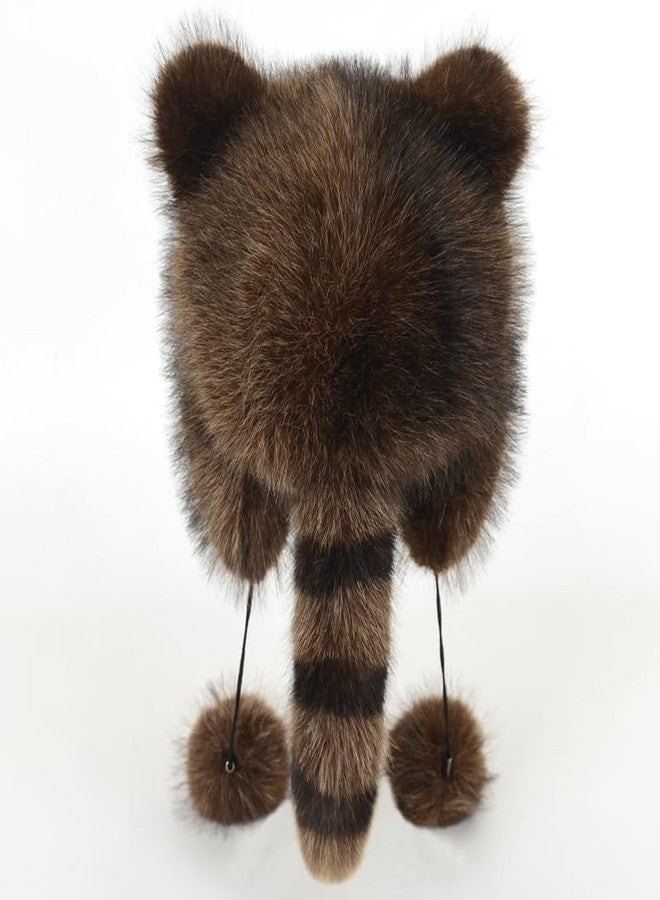 Adorable Artificial Fur Raccoon Tail Children's Plush hat, Cute and Adorable Raccoon Lady Winter Warm Ear Protection Boys' and Girls' Universal Plush Protective hat Brown - Image 2