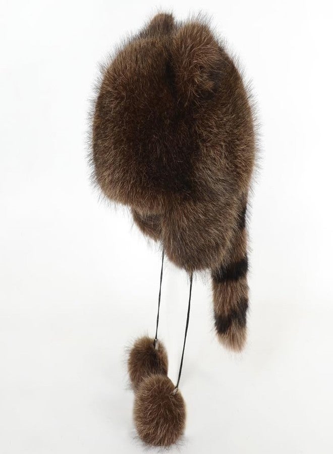 Adorable Artificial Fur Raccoon Tail Children's Plush hat, Cute and Adorable Raccoon Lady Winter Warm Ear Protection Boys' and Girls' Universal Plush Protective hat Brown - Image 3