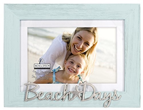 Malden International Designs 4x6 or 5x7 Beach Days Turquoise Picture Frame Silver Finish With Starfish Icon Word Attachment Textured Wood Grain Finish MDF Frame White Beveled Mat