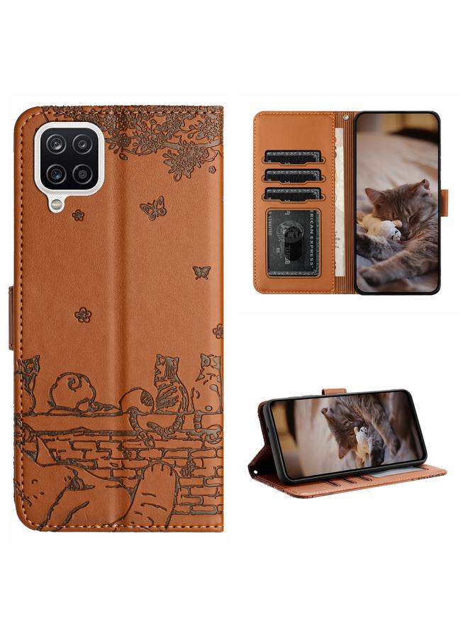 اس-توب جراب لهاتف Samsung Galaxy A12 مصنوع من الجلد بنقشة قطة مع حبل - Image 1