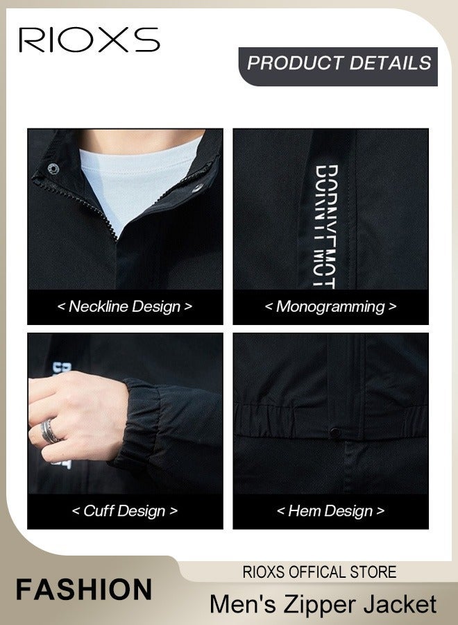ريوكس سترة بومبر للرجال، سترات واقية من الرياح خفيفة الوزن، معطف سترة مضاد للرياح ومقاوم للماء بقصّة ضيقة وسحاب، سترة ربيعية خريفية غير رسمية للرجال مبطنة من الداخل، سترة أنيقة بياقة قائمة وسحاب كامل، سترة واقية من الرياح للأنشطة الخارجية مثل المشي لمسافات طويلة والتخييم وركوب الدراجات والتسلق، أسود - Image 4