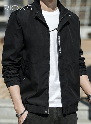 Men's Bomber Jacket, Lightweight Windbreaker Jackets, Slim Fit Waterproof Windproof Zip Up Jacket Coat, Crew Lined Spring Fall Casual Jacket for Men, Stylish Stand-Up Collar Full Zipper Jacket, Outdoor Windbreaker for Hiking Camping Cycling Climbing, Black