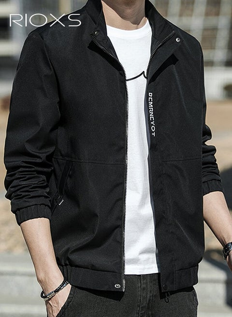 Men's Bomber Jacket, Lightweight Windbreaker Jackets, Slim Fit Waterproof Windproof Zip Up Jacket Coat, Crew Lined Spring Fall Casual Jacket for Men, Stylish Stand-Up Collar Full Zipper Jacket, Outdoor Windbreaker for Hiking Camping Cycling Climbing, Black