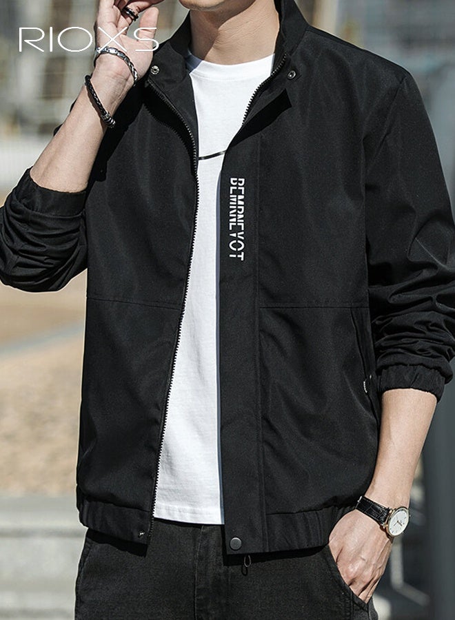 ريوكس سترة بومبر للرجال، سترات واقية من الرياح خفيفة الوزن، معطف سترة مضاد للرياح ومقاوم للماء بقصّة ضيقة وسحاب، سترة ربيعية خريفية غير رسمية للرجال مبطنة من الداخل، سترة أنيقة بياقة قائمة وسحاب كامل، سترة واقية من الرياح للأنشطة الخارجية مثل المشي لمسافات طويلة والتخييم وركوب الدراجات والتسلق، أسود - Image 2