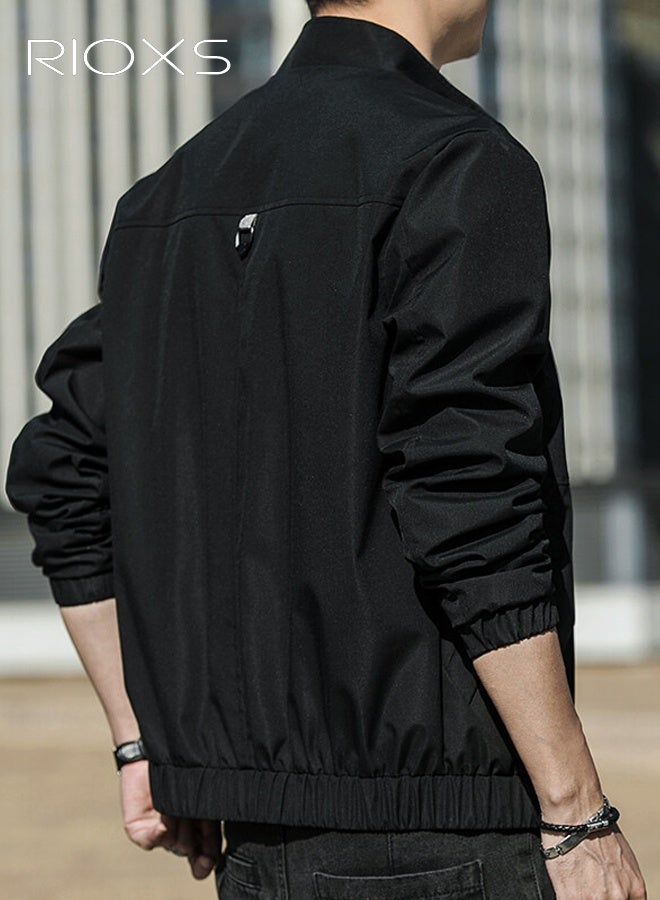 ريوكس سترة بومبر للرجال، سترات واقية من الرياح خفيفة الوزن، معطف سترة مضاد للرياح ومقاوم للماء بقصّة ضيقة وسحاب، سترة ربيعية خريفية غير رسمية للرجال مبطنة من الداخل، سترة أنيقة بياقة قائمة وسحاب كامل، سترة واقية من الرياح للأنشطة الخارجية مثل المشي لمسافات طويلة والتخييم وركوب الدراجات والتسلق، أسود - Image 3
