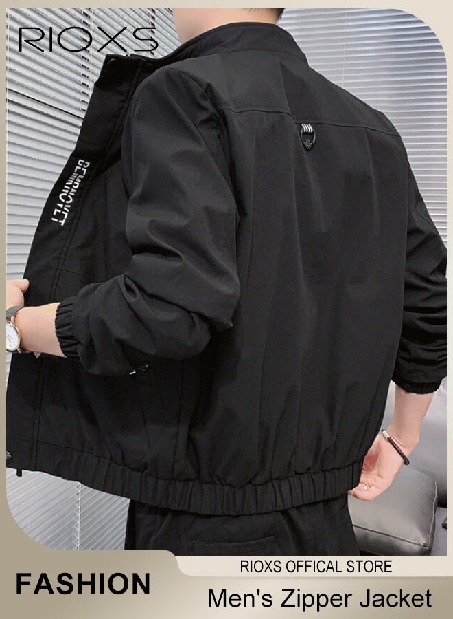 ريوكس سترة بومبر للرجال، سترات واقية من الرياح خفيفة الوزن، معطف سترة مضاد للرياح ومقاوم للماء بقصّة ضيقة وسحاب، سترة ربيعية خريفية غير رسمية للرجال مبطنة من الداخل، سترة أنيقة بياقة قائمة وسحاب كامل، سترة واقية من الرياح للأنشطة الخارجية مثل المشي لمسافات طويلة والتخييم وركوب الدراجات والتسلق، أسود - Image 5