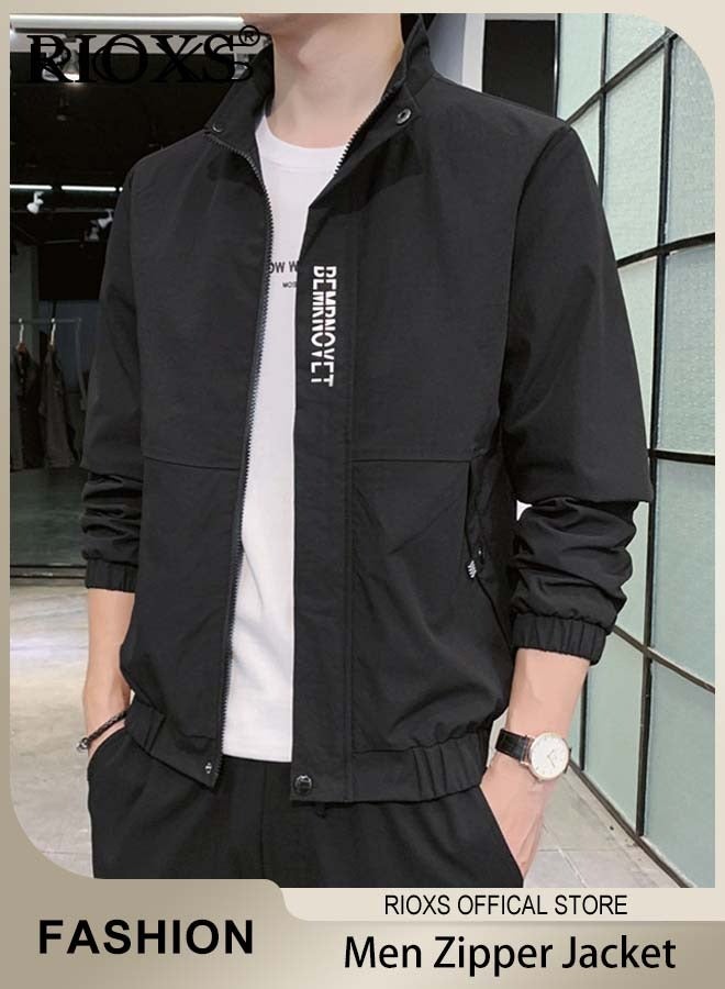 ريوكس سترة بومبر للرجال، سترات واقية من الرياح خفيفة الوزن، معطف سترة مضاد للرياح ومقاوم للماء بقصّة ضيقة وسحاب، سترة ربيعية خريفية غير رسمية للرجال مبطنة من الداخل، سترة أنيقة بياقة قائمة وسحاب كامل، سترة واقية من الرياح للأنشطة الخارجية مثل المشي لمسافات طويلة والتخييم وركوب الدراجات والتسلق، أسود - Image 4