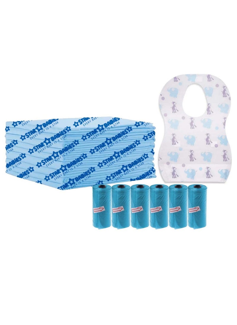 Combo Pack - Disposable Changing Mat 34 X 60Cm 5Pcs, Scented Bag 6Pcs 90Bags, Disposable Bibs 10Pcs - Blue - pzsku/Z23A63489EA88C767E5E6Z/45/_/1696335888/20c427ee-9d76-4f58-91f8-a30af7198a64