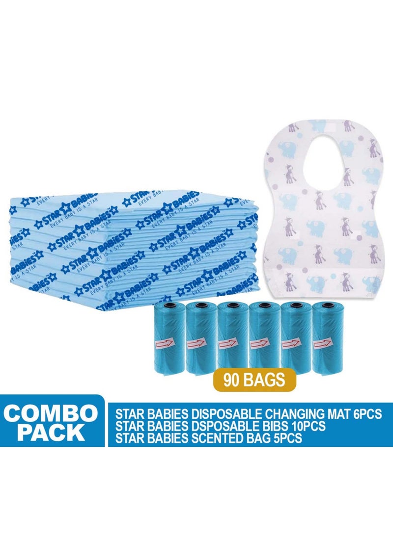 STAR BABiES Combo Pack - Disposable Changing Mat 34 X 60Cm 5Pcs, Scented Bag 6Pcs 90Bags, Disposable Bibs 10Pcs - Blue  - Image 2