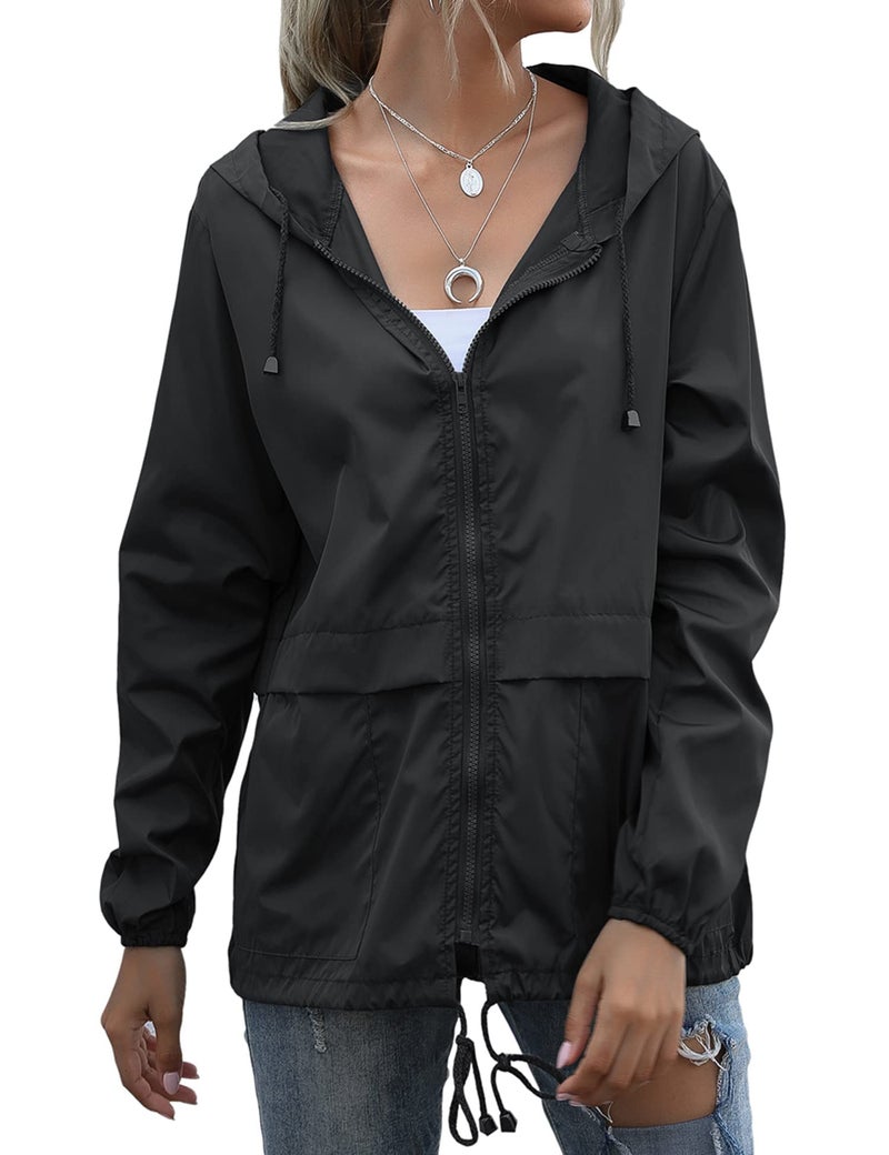 JMinger Raincoat for Women Waterproof Rain Jackets Lightweight Packable Hooded Rain Coat Plus Size Windbreaker Jacket Black - Image 2