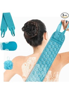 Generic 3Pcs Exfoliating Body Scrubber Set - Includes Back Washer , Bath Glove and Shower Bath Sponge Loofah - For Women and Men Shower Long Strip Back Rubbing Towel Deep Clean and Vitalize Your Skin Blue  - Image 1