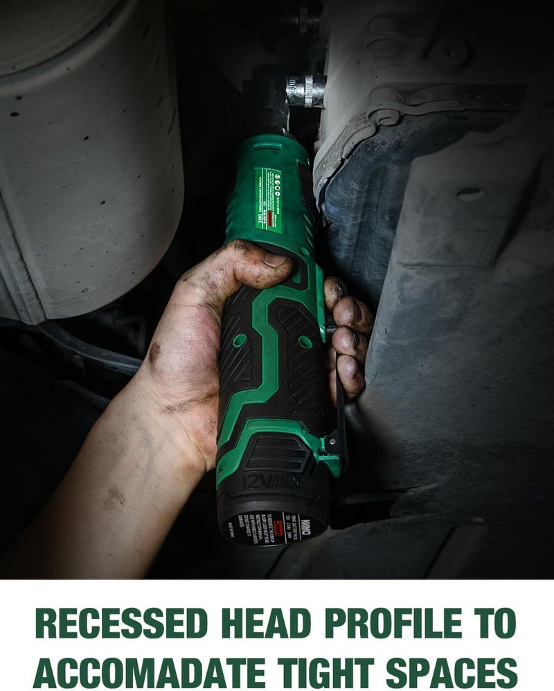 KIMO Cordless Electric Ratchet Wrench Set, 40Ft-lbs, 400RPM, 12V Cordless Ratchet Wrench 3/8" w/ 60-Min Charger, 7Sockets, 1/4" Adapter, Forward/Reverse Switch, 2.0Ah Battery, Variable Speed Trigger - Image 4