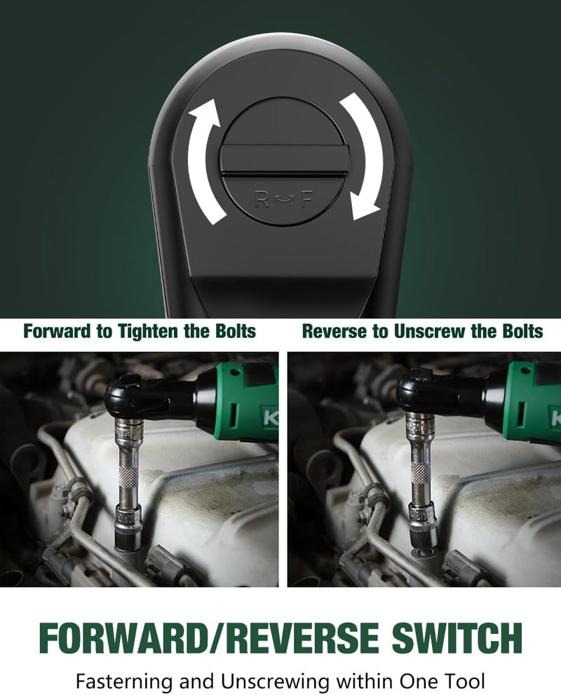 KIMO Cordless Electric Ratchet Wrench Set, 40Ft-lbs, 400RPM, 12V Cordless Ratchet Wrench 3/8" w/ 60-Min Charger, 7Sockets, 1/4" Adapter, Forward/Reverse Switch, 2.0Ah Battery, Variable Speed Trigger - Image 3