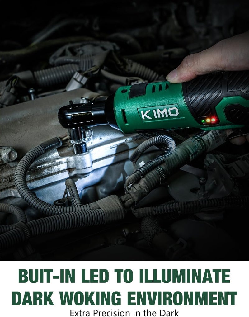 KIMO Cordless Electric Ratchet Wrench Set, 40Ft-lbs, 400RPM, 12V Cordless Ratchet Wrench 3/8" w/ 60-Min Charger, 7Sockets, 1/4" Adapter, Forward/Reverse Switch, 2.0Ah Battery, Variable Speed Trigger - Image 5