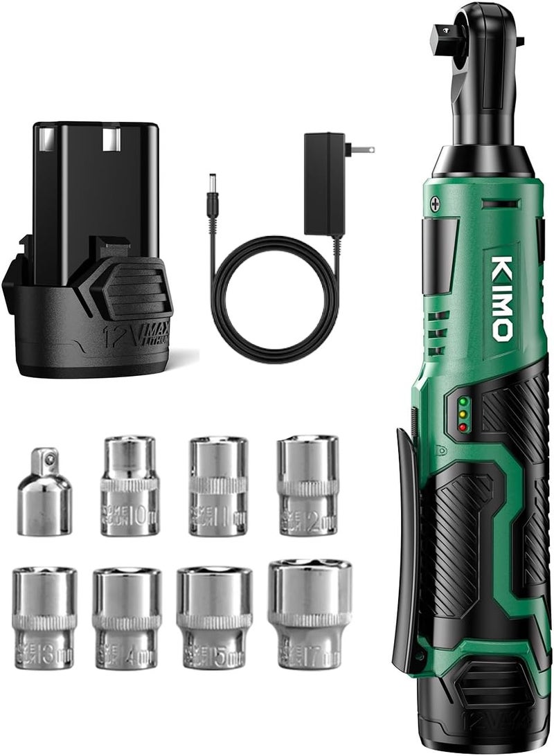 KIMO Cordless Electric Ratchet Wrench Set, 40Ft-lbs, 400RPM, 12V Cordless Ratchet Wrench 3/8" w/ 60-Min Charger, 7Sockets, 1/4" Adapter, Forward/Reverse Switch, 2.0Ah Battery, Variable Speed Trigger - Image 1