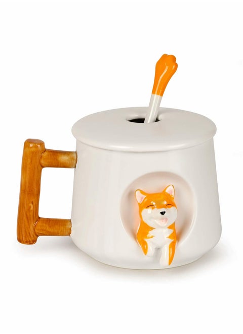 Adorable Shiba Inu Ceramic Coffee Mug with Lid and Spoon - Cute 3D Dog Design Tea Cup for Office Use, Perfect for Milk, Coffee, and Tea Lovers.