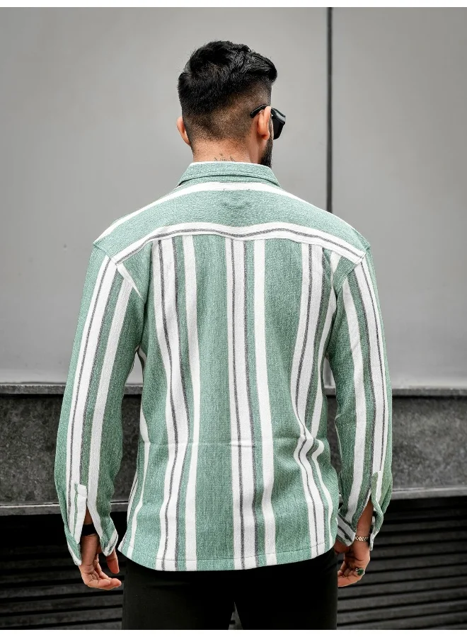 Maniac Maniac Men Striped Collared Neck Full Sleeve Berly Green Polyester Blend Shirt