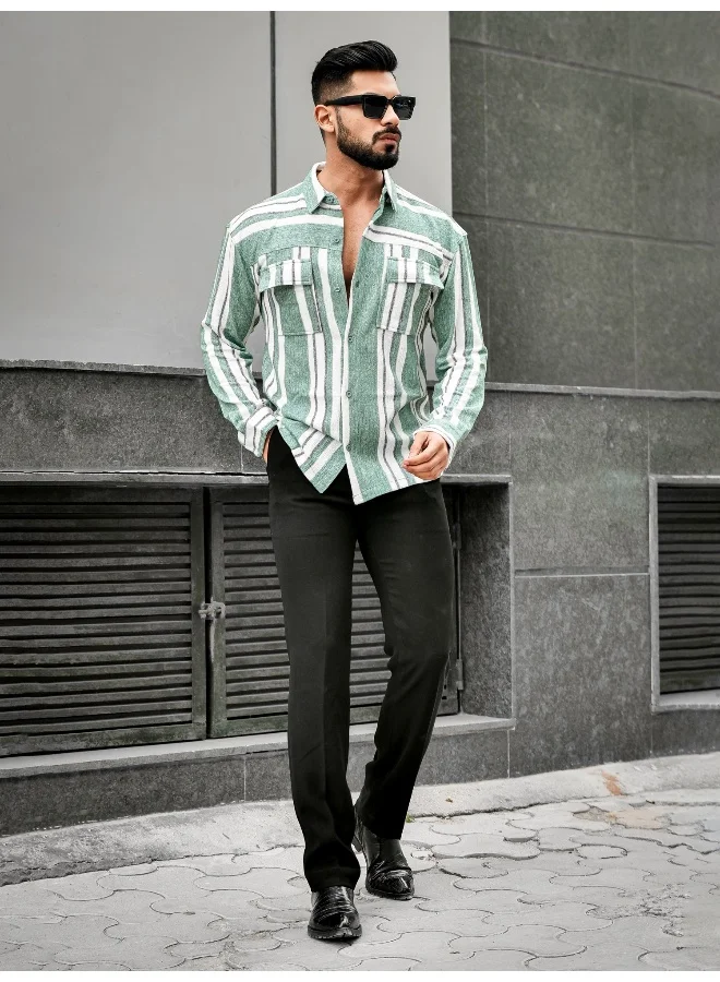 Maniac Maniac Men Striped Collared Neck Full Sleeve Berly Green Polyester Blend Shirt
