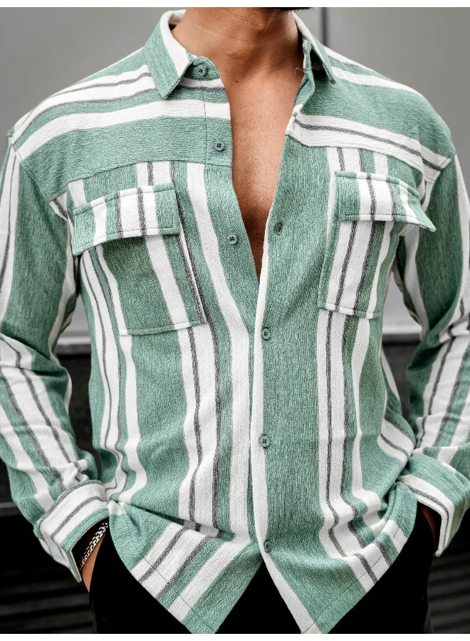 Maniac Maniac Men Striped Collared Neck Full Sleeve Berly Green Polyester Blend Shirt