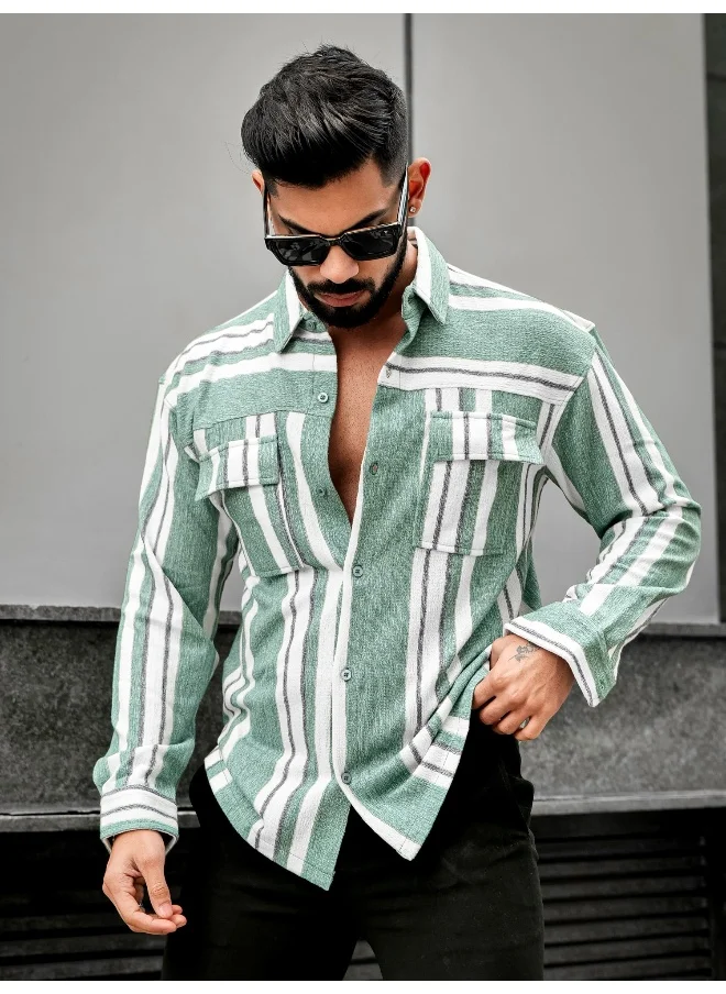 Maniac Maniac Men Striped Collared Neck Full Sleeve Berly Green Polyester Blend Shirt