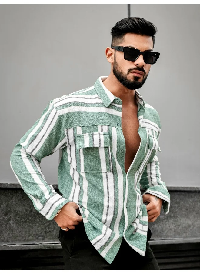 Maniac Maniac Men Striped Collared Neck Full Sleeve Berly Green Polyester Blend Shirt