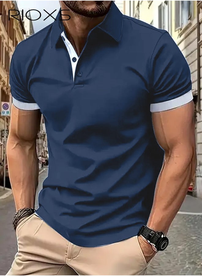 RIOXS Men's Polo T-Shirt, Classic Basic Short Sleeve Polo Shirts, Slim Fit Golf Shirt, Quarter Neck Tee Top, Solid Color Tennis Bowling T-Shirt, Soft Comfy Button Cotton Shirt Top  - Image 3