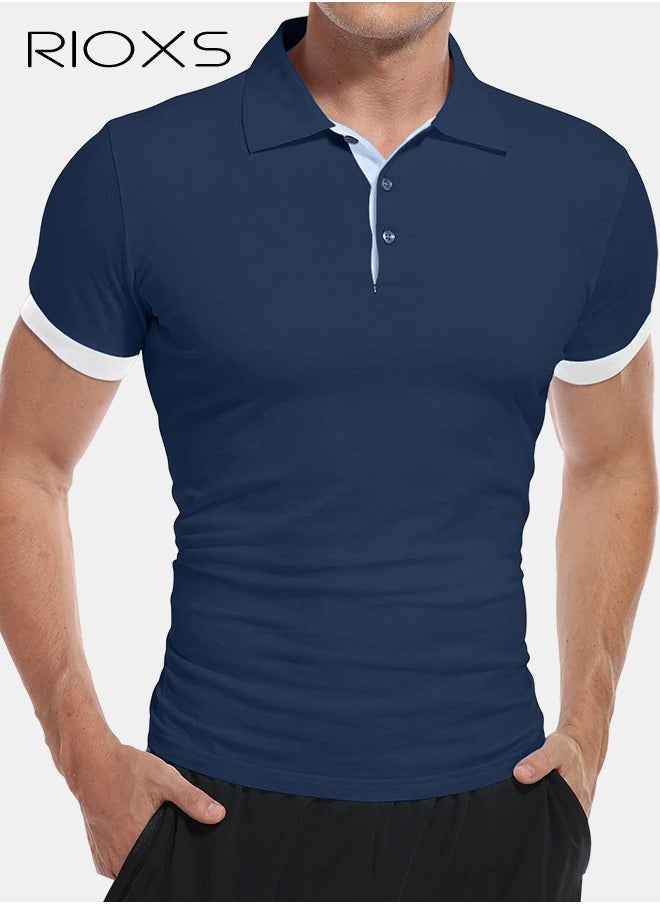 RIOXS Men's Polo T-Shirt, Classic Basic Short Sleeve Polo Shirts, Slim Fit Golf Shirt, Quarter Neck Tee Top, Solid Color Tennis Bowling T-Shirt, Soft Comfy Button Cotton Shirt Top  - Image 1