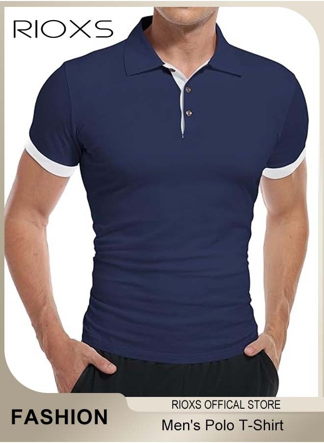 RIOXS - Men's Polo T-Shirt, Classic Basic Short Sleeve Polo Shirts, Slim Fit Golf Shirt, Quarter Neck Tee Top, Solid Color Tennis Bowling T-Shirt, Soft Comfy Button Cotton Shirt Top - Image 1