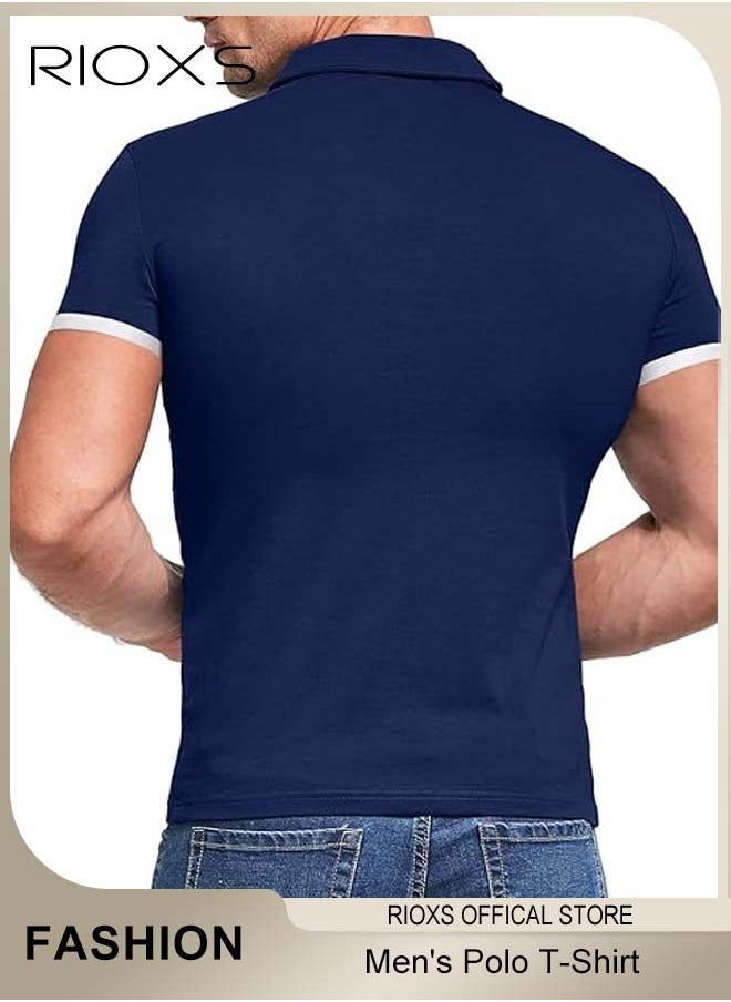 RIOXS - Men's Polo T-Shirt, Classic Basic Short Sleeve Polo Shirts, Slim Fit Golf Shirt, Quarter Neck Tee Top, Solid Color Tennis Bowling T-Shirt, Soft Comfy Button Cotton Shirt Top - Image 1