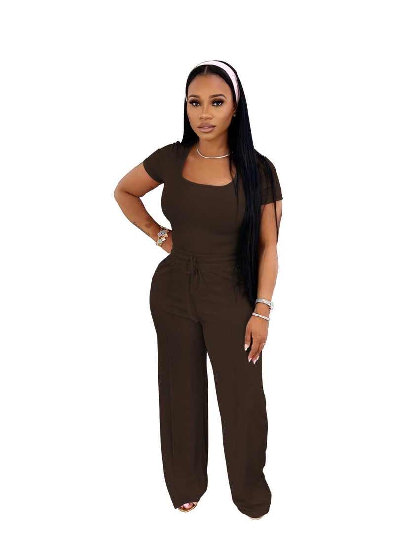 PINSV Women's 2 Piece Outfits Lounge Short Sleeve Tops High Waisted Wide Leg Pants Tracksuit Sets Brown M - Image 2