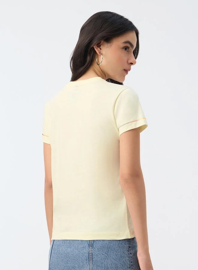The Souled Store Cream Embroidered Cotton T-Shirt
