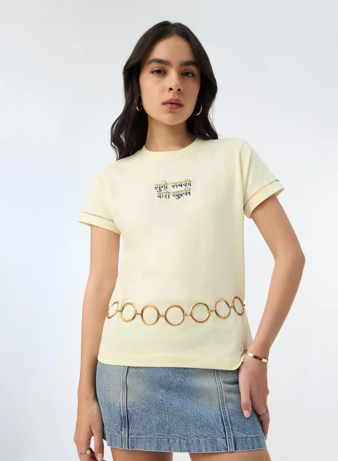 The Souled Store Cream Embroidered Cotton T-Shirt