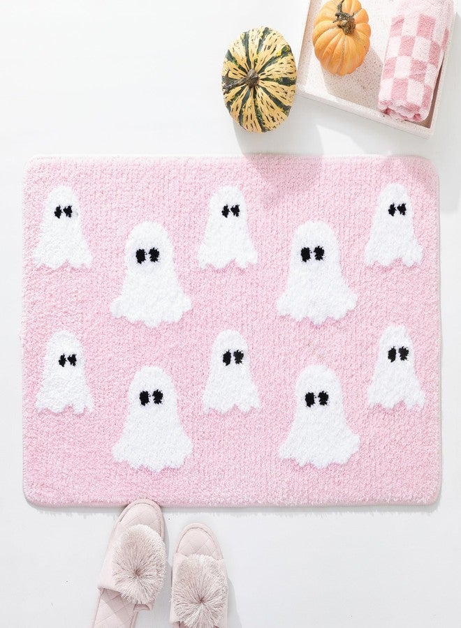 TRUEDAYS Halloween Bath Mat with Spooky Ghosts Pink Bathroom Rugs Cute Home Decor Non Slip, Shower Rug for Bathroom, Bedroom, Living Room - Image 1