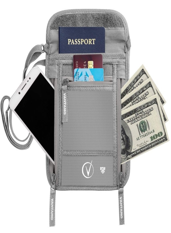 Vantamo Premium Neck Wallet Travel Pouch and Passport Holder, RFID Protected, Fits Passport with cover, Includes Global Recovery Tags. Passport Holder Neck For Men and Women (Light Gray) - Image 2