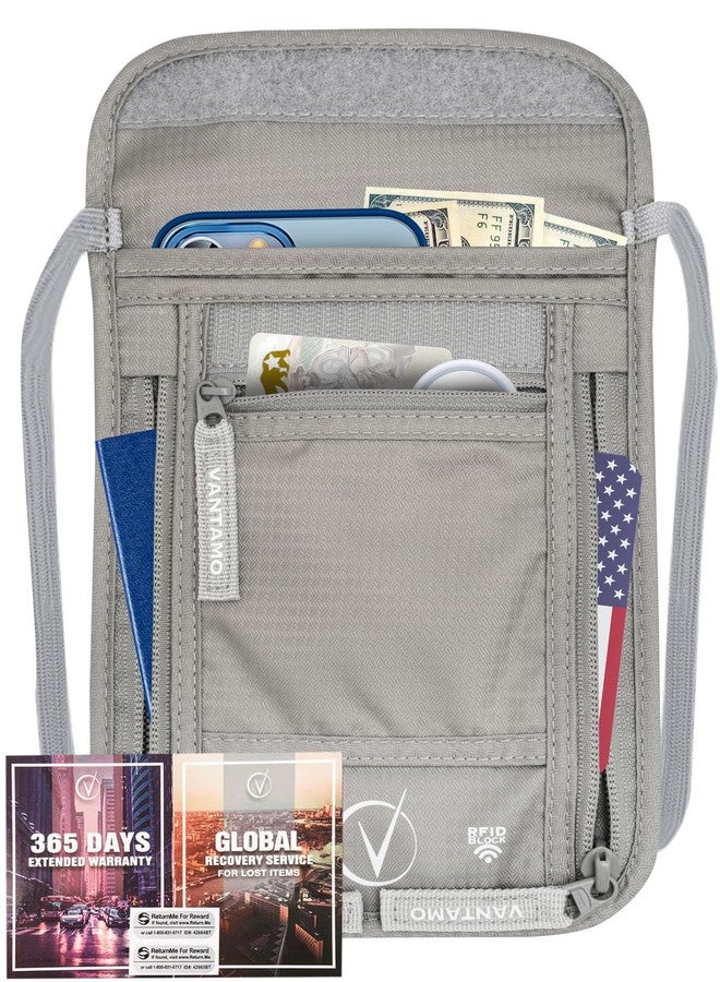 Vantamo Premium Neck Wallet Travel Pouch and Passport Holder, RFID Protected, Fits Passport with cover, Includes Global Recovery Tags. Passport Holder Neck For Men and Women (Light Gray) - Image 1