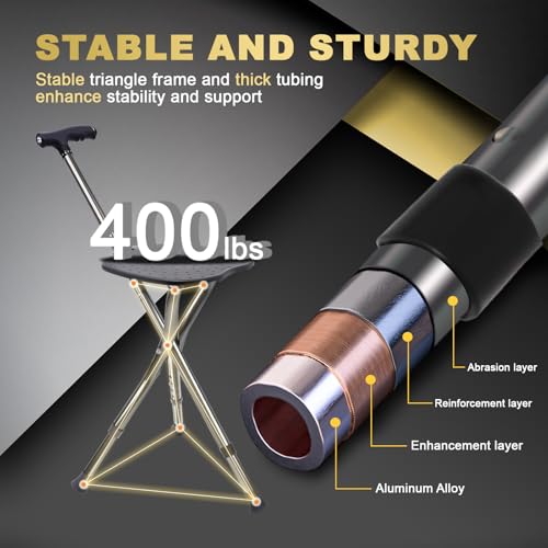 BigAlex Alloy Folding Cane with Seat Lightweight Adjustable Walking Cane with Seat Cane Seat with LED for WomanMan Comfortable Handle and 3 NonSlip Legs Walking Stick for SeniorsBlack - Image 5