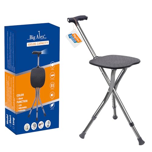 BigAlex Alloy Folding Cane with Seat Lightweight Adjustable Walking Cane with Seat Cane Seat with LED for WomanMan Comfortable Handle and 3 NonSlip Legs Walking Stick for SeniorsBlack - Image 2