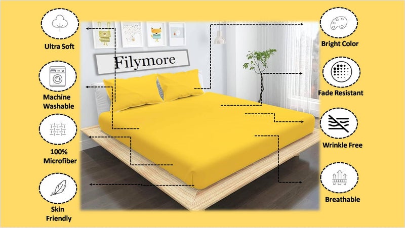 Filymore Plain Solid Yellow bedsheet 240 Tc Made with Pure Microfiber Plain Color Bedsheet for Double/King Size Bed with 2 Pillow Cover (Size :90X95 inchs) (Yellow) - Image 3