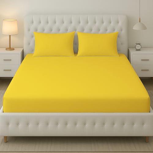 Filymore Plain Solid Yellow bedsheet 240 Tc Made with Pure Microfiber Plain Color Bedsheet for Double/King Size Bed with 2 Pillow Cover (Size :90X95 inchs) (Yellow) - Image 1