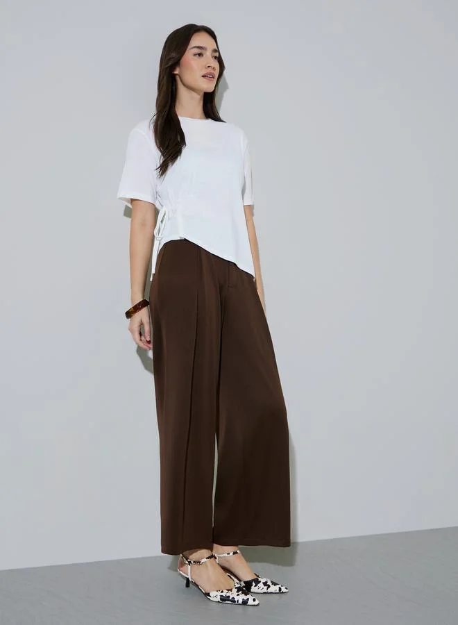 ستايلي White Solid Side Waist Drawstring Casual Knit Top