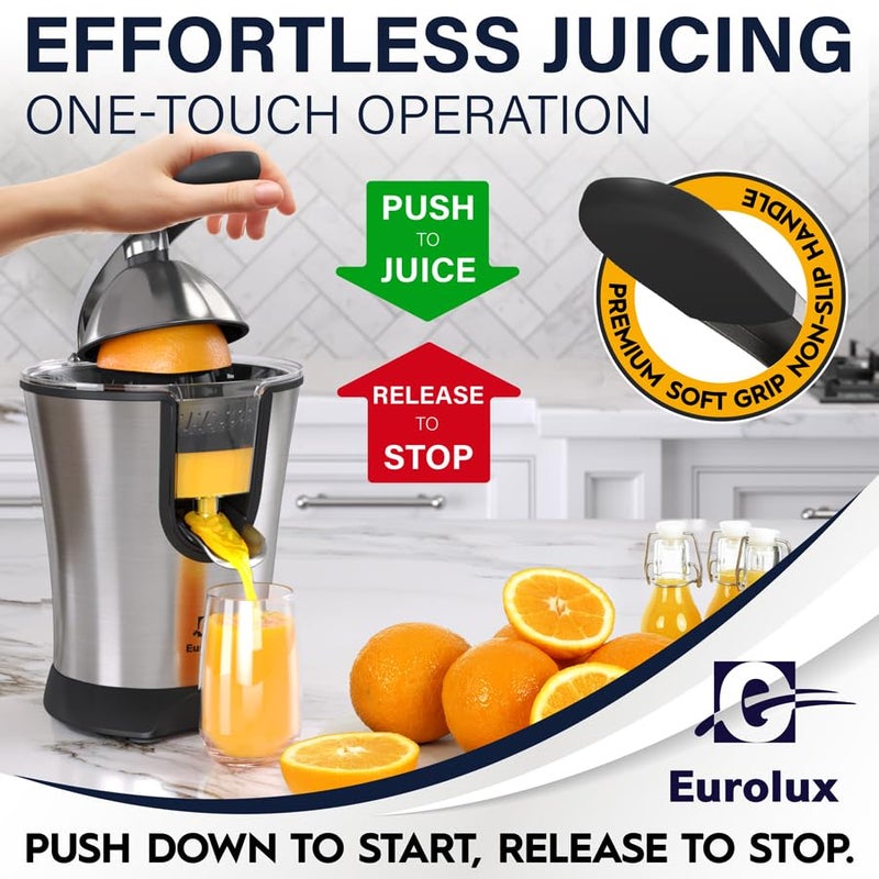 EUROLUX Eurolux Premium Electric Orange Juicer | Stainless Steel Citrus Squeezer With New Ultra-Powerful Motor and Soft Grip Handle for Effortless Juicing, Auto Shutoff, Dishwasher-safe Parts, Pulp Control  - Image 3