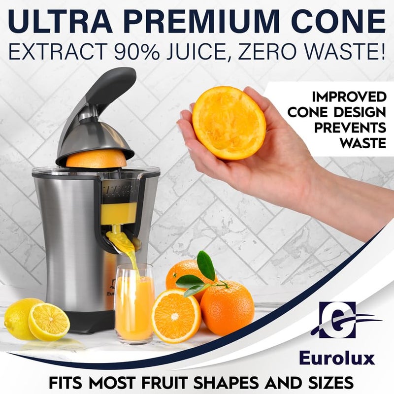 EUROLUX Eurolux Premium Electric Orange Juicer | Stainless Steel Citrus Squeezer With New Ultra-Powerful Motor and Soft Grip Handle for Effortless Juicing, Auto Shutoff, Dishwasher-safe Parts, Pulp Control  - Image 4