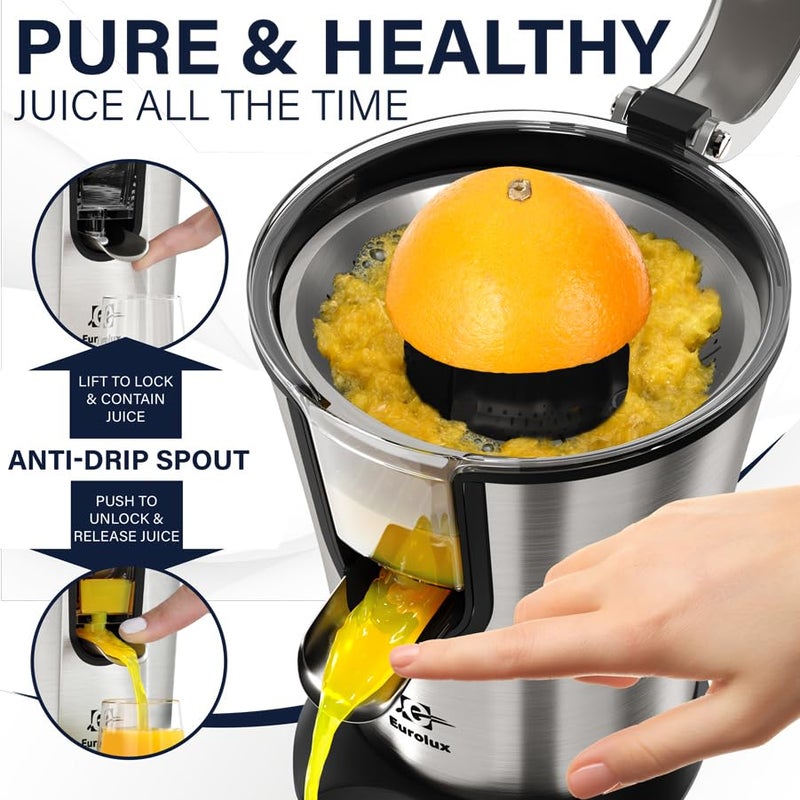 EUROLUX Eurolux Premium Electric Orange Juicer | Stainless Steel Citrus Squeezer With New Ultra-Powerful Motor and Soft Grip Handle for Effortless Juicing, Auto Shutoff, Dishwasher-safe Parts, Pulp Control  - Image 2