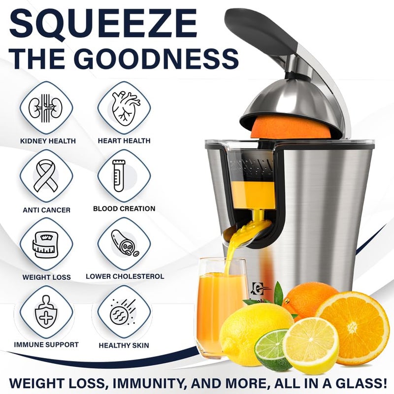 EUROLUX Eurolux Premium Electric Orange Juicer | Stainless Steel Citrus Squeezer With New Ultra-Powerful Motor and Soft Grip Handle for Effortless Juicing, Auto Shutoff, Dishwasher-safe Parts, Pulp Control  - Image 5